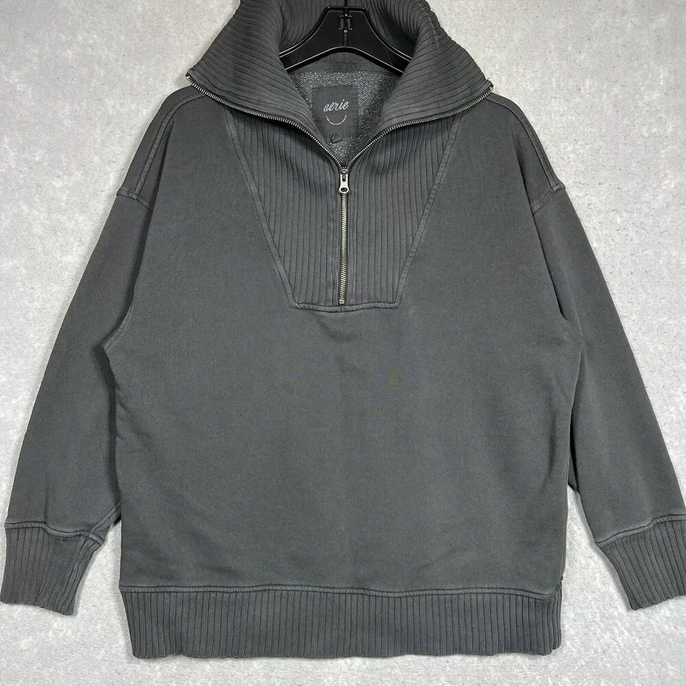Aerie Sweater Women’s Small Gray 1/4 Zipper Mock Neck Sailor Collar Sweatshirt